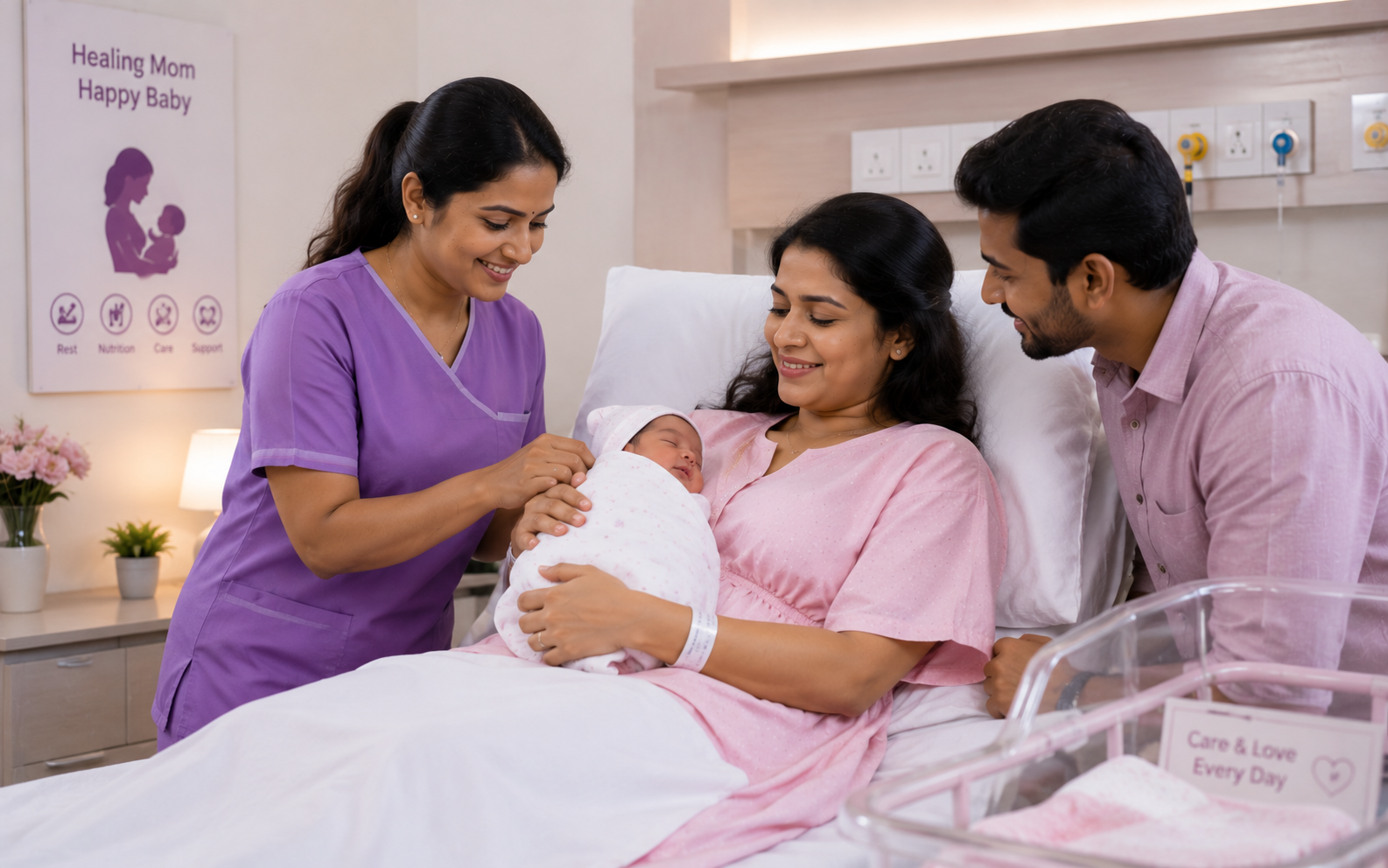 Mother breastfeeding newborn postnatal